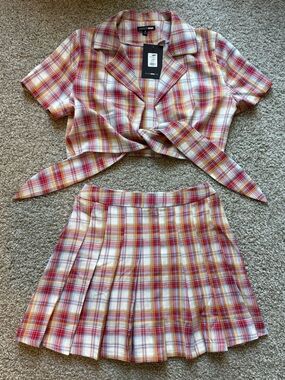 Fashion Nova Red, Yellow & Light Blue Plaid Skirt Set